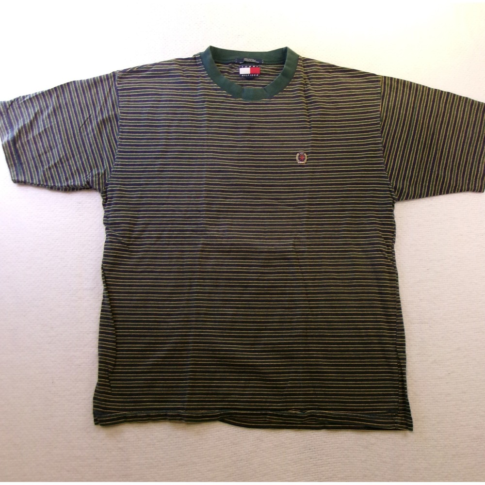 Tommy Hilfiger Mens Vintage Striped T-Shirt Green Navy Blue Crest Logo Large
